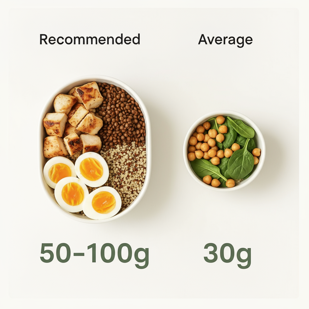 Side-by-side bowls showing recommended protein portion with chicken, quinoa, lentils and eggs compared to smaller bowl with spinach and chickpeas.